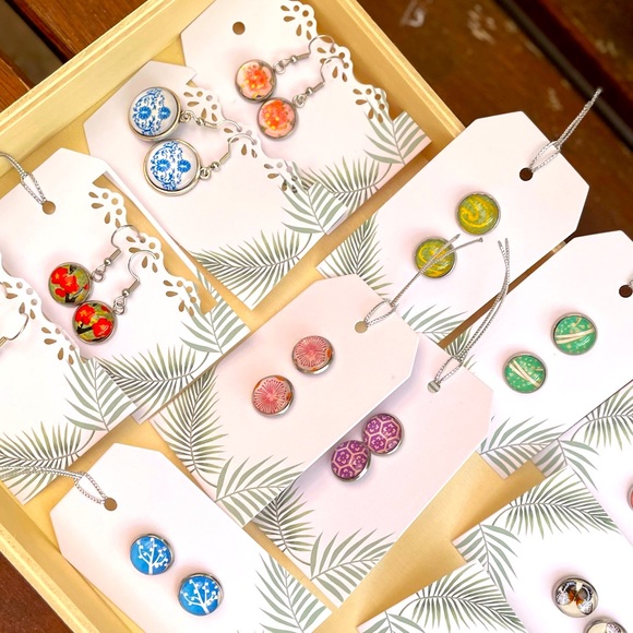 Handmade Glass Dome Hanging Drop Earrings | Blue & White Theme - Picture 8 of 8